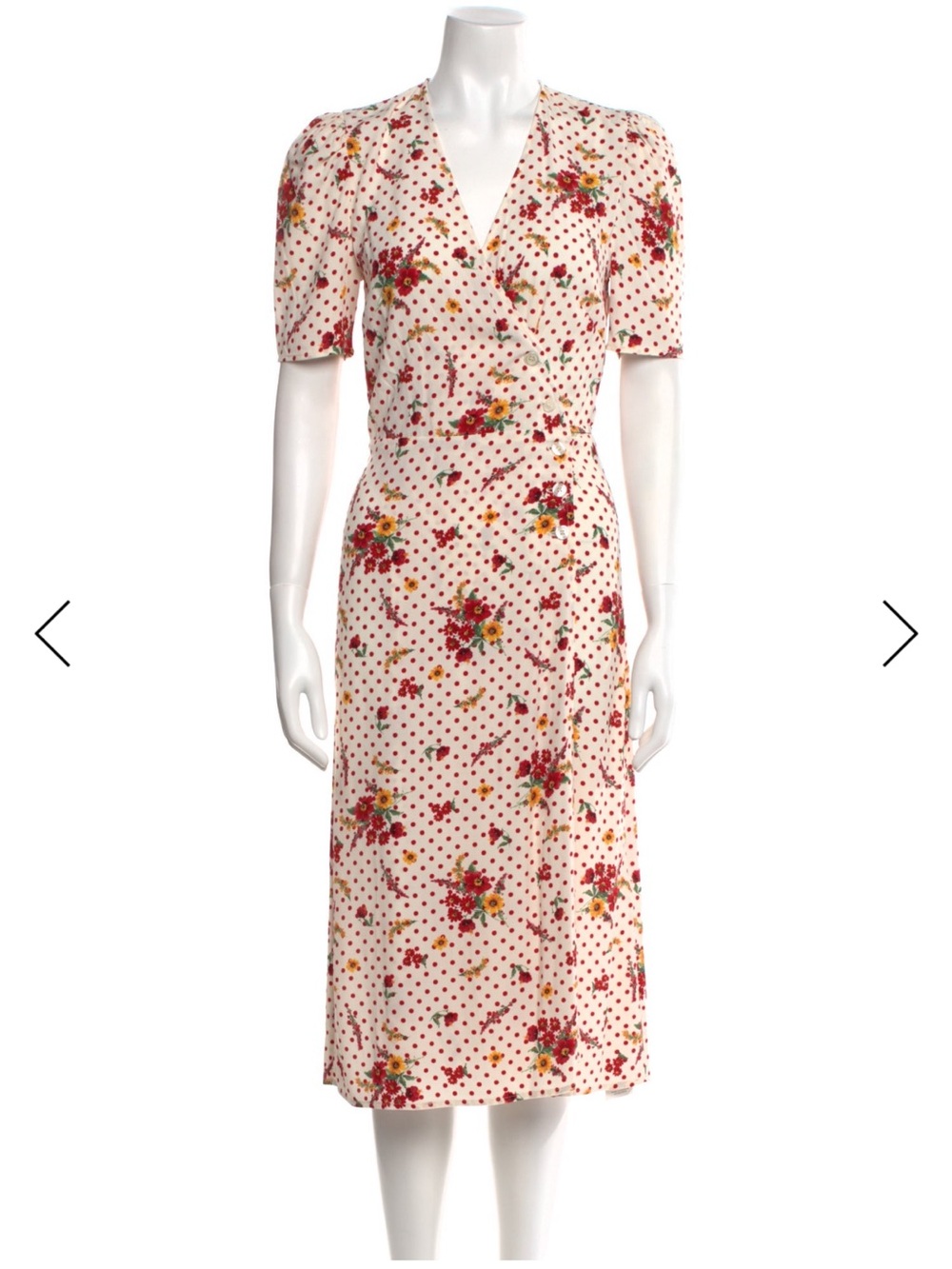 Rouje Ecru Gabin Wrap Dress with Red Floral and Polka Dot Print